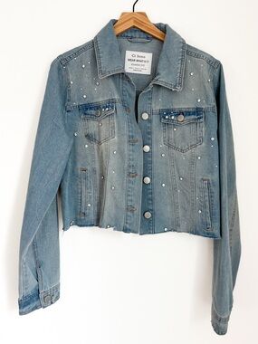 Ci Sono Rhinestone Studded Cropped Denim Jacket Large